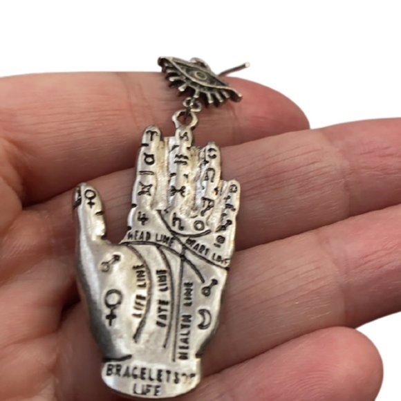 Hamsa, Fatima's hand + evil eye palm dangle silver tone large earrings - Picture 4 of 8